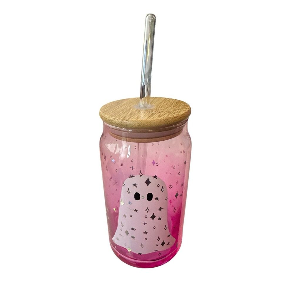 New Prima Design Glass‎ Pink Ghost Sipper Glasses Halloween Tumbler Cup